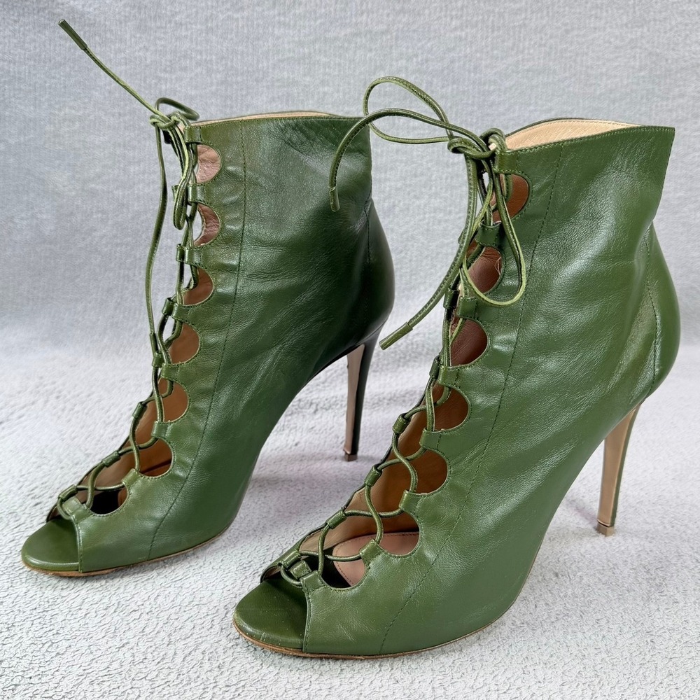 Gianvito Rossi Womens 40 Green Leather Lace Up Open Toe Stiletto Ankle Booties